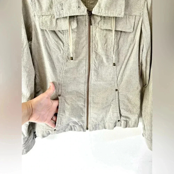 Coldwater Creek Shaped  Zip-Up Lightweight Striped Cotton Blend Roll Tab Jacket - Picture 4 of 11